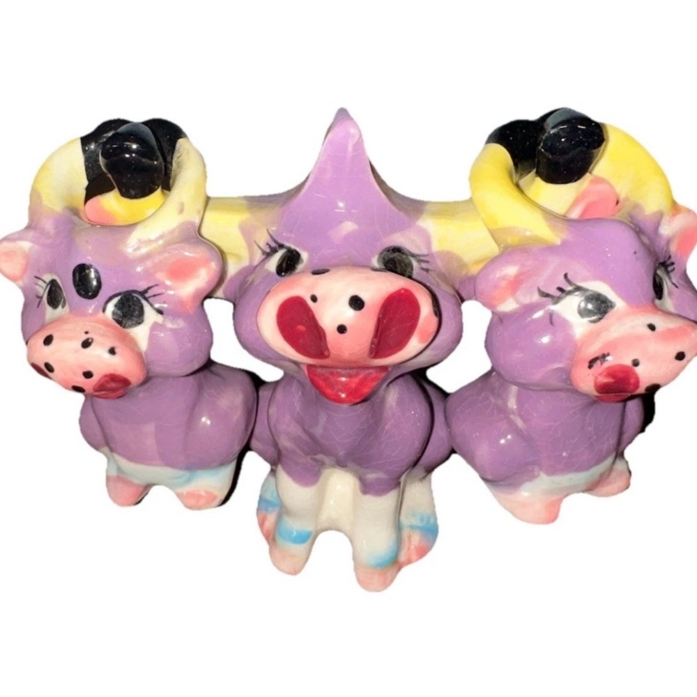 Vintage Thames Retro Purple‎ Cow Salt and Pepper Shaker 3pc Caddy Set